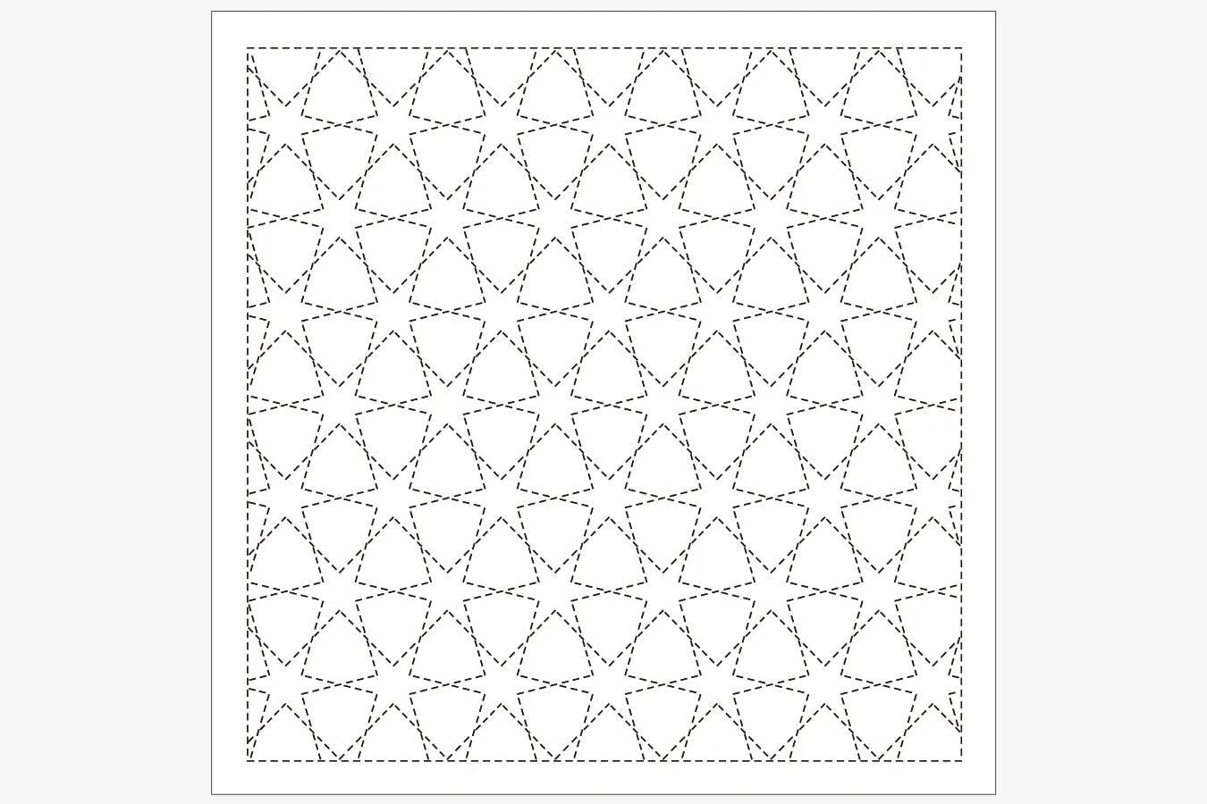 The image is a black and white geometric pattern consisting of a repeating design of triangles and stars.