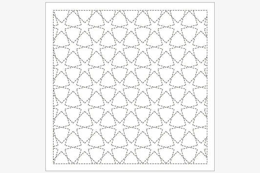 The image is a black and white geometric pattern consisting of a repeating design of triangles and stars.