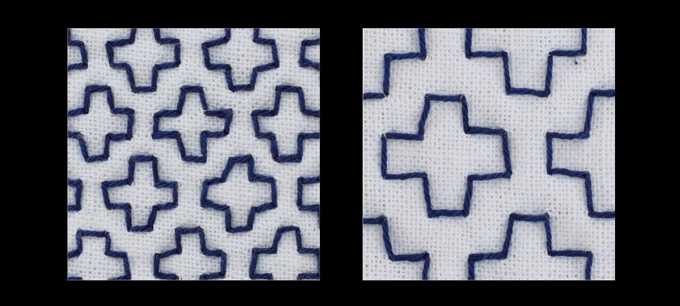 two close-up views of a fabric with a repeating pattern of blue crosses. The pattern consists of a series of blue crosses arranged in a grid-like fashion, creating a visually striking and intricate design.