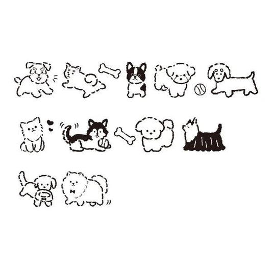 a collection of black and white line drawings depicting various cartoon-style dogs and cats.