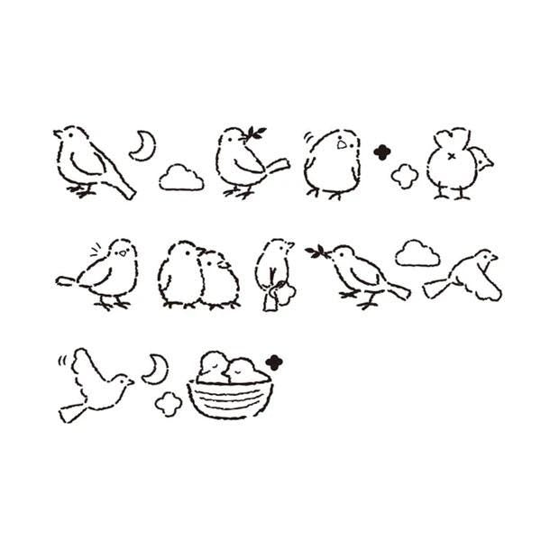 a collection of simple line drawings depicting various birds, clouds, and other natural elements.