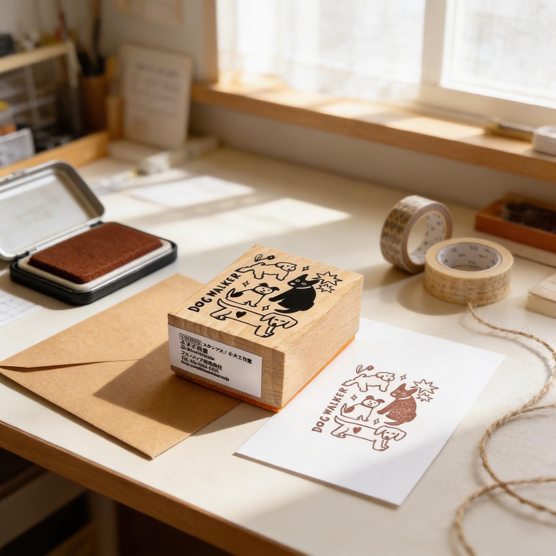a wooden stamp with a cat design, a roll of tape, and some other office supplies on a desk.