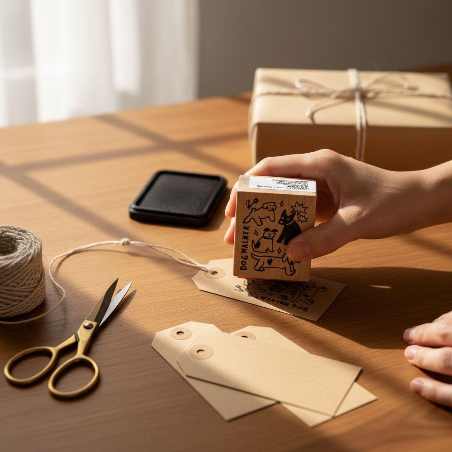 A person's hand is holding a stamp with a dog design, surrounded by crafting supplies such as scissors, paper, and a gift box on a wooden table.