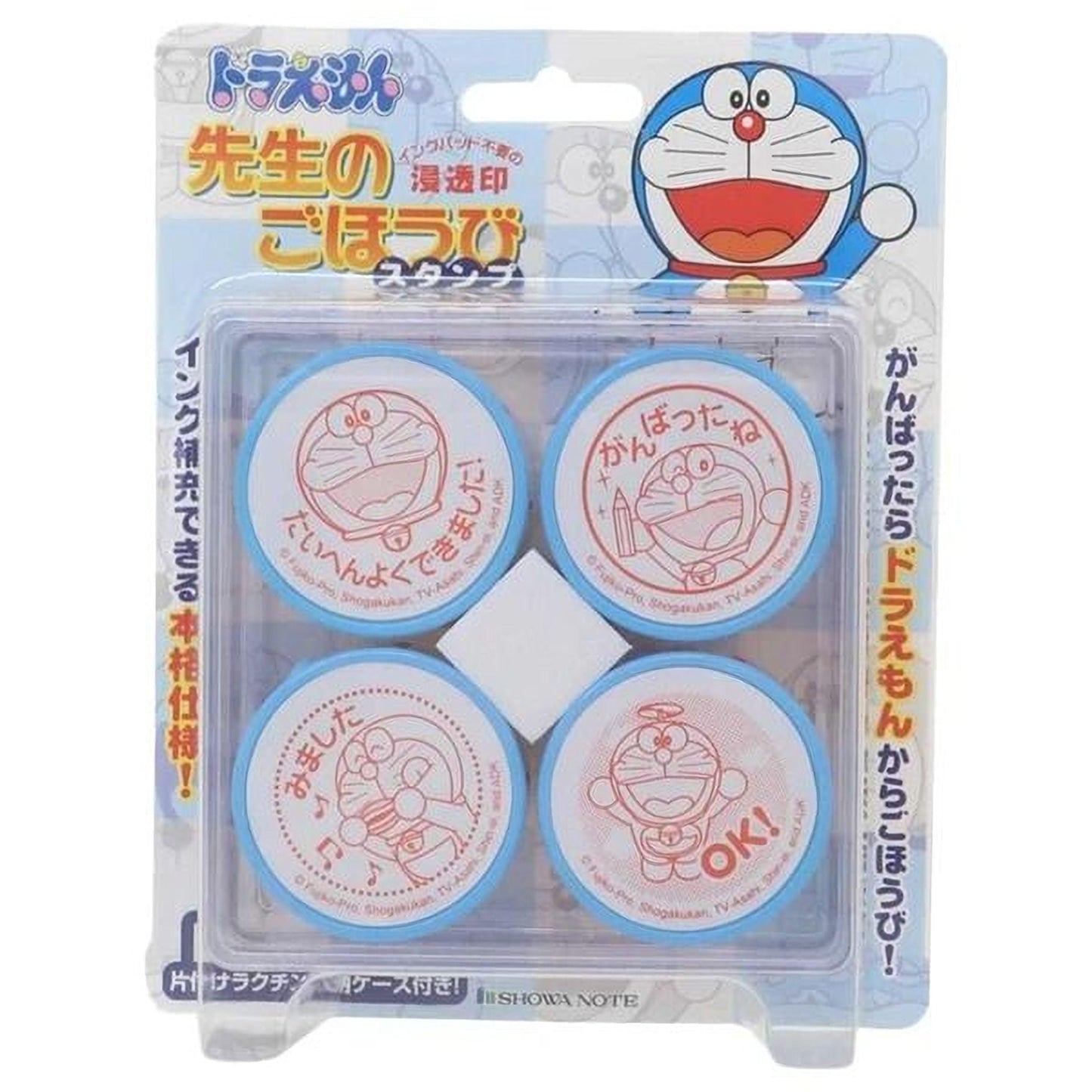 A package containing four circular items with images of a character from the anime series Doraemon. The packaging also includes Japanese text and a character illustration.