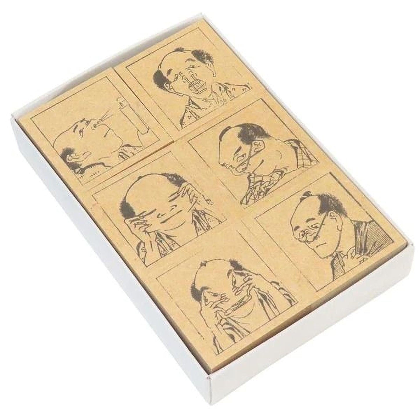 six black and white illustrations of men's faces, each depicting a different expression or pose.