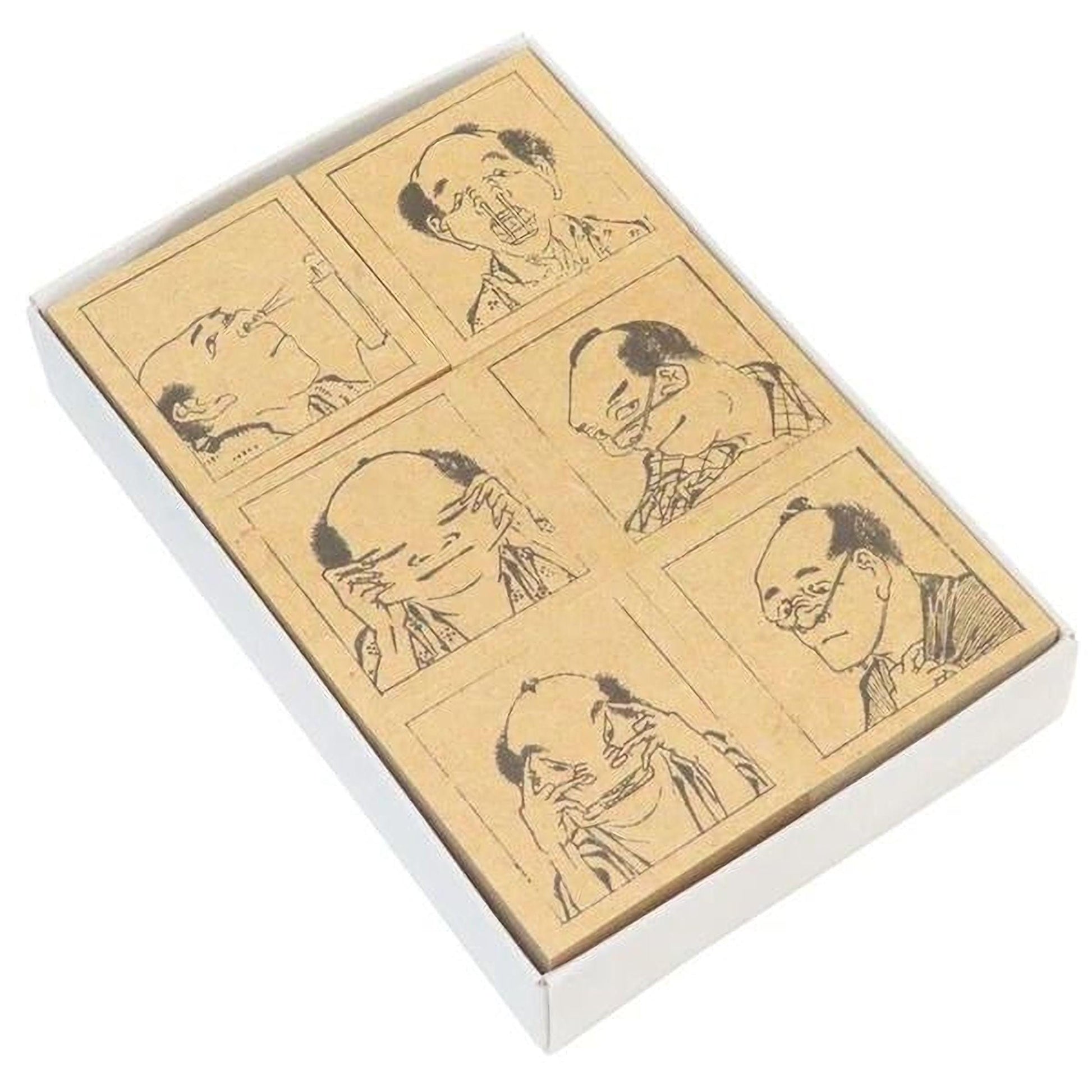 six black and white illustrations of men's faces, each depicting a different expression or pose.