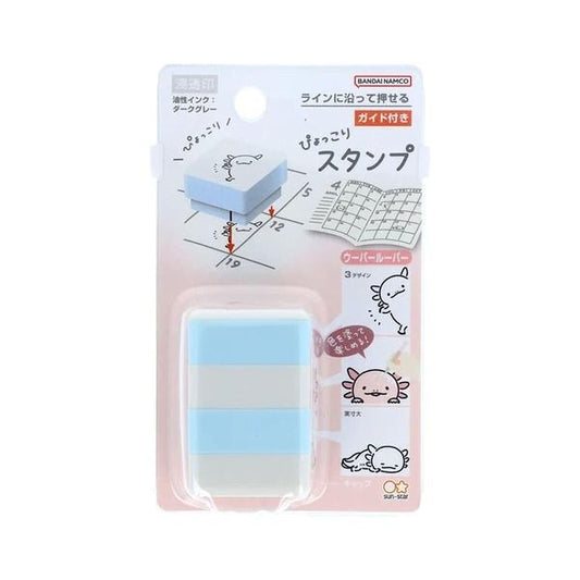The image is a product packaging for a blue and white eraser with a cartoon cat design.