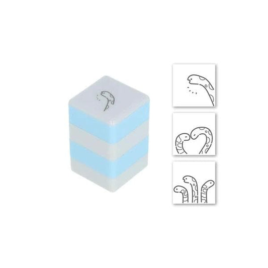 a blue and white striped object, which appears to be a small, square-shaped container or box. There are also three smaller images of the same object, each depicting a different scene or action involving the object.