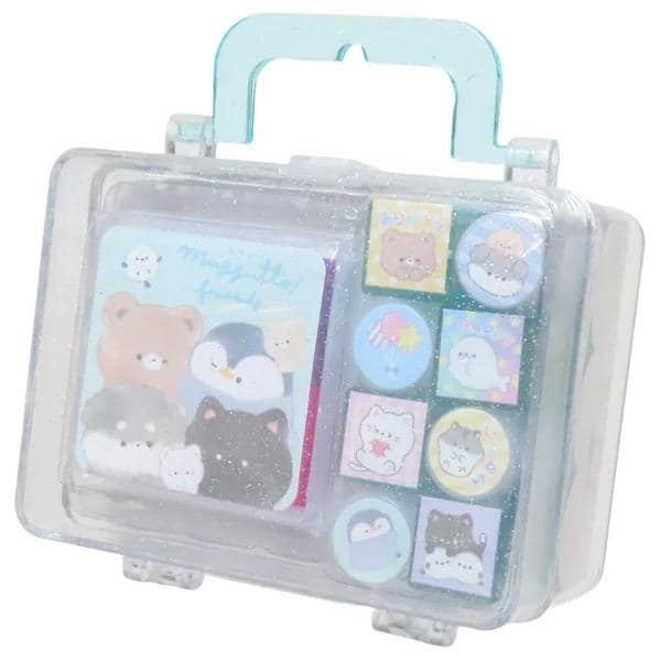 A clear plastic case with a handle, containing various animal stickers and a blue lid with a cartoon character design.