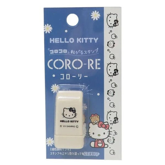 A Hello Kitty eraser is pictured on a blue background with white flowers and the Hello Kitty character.