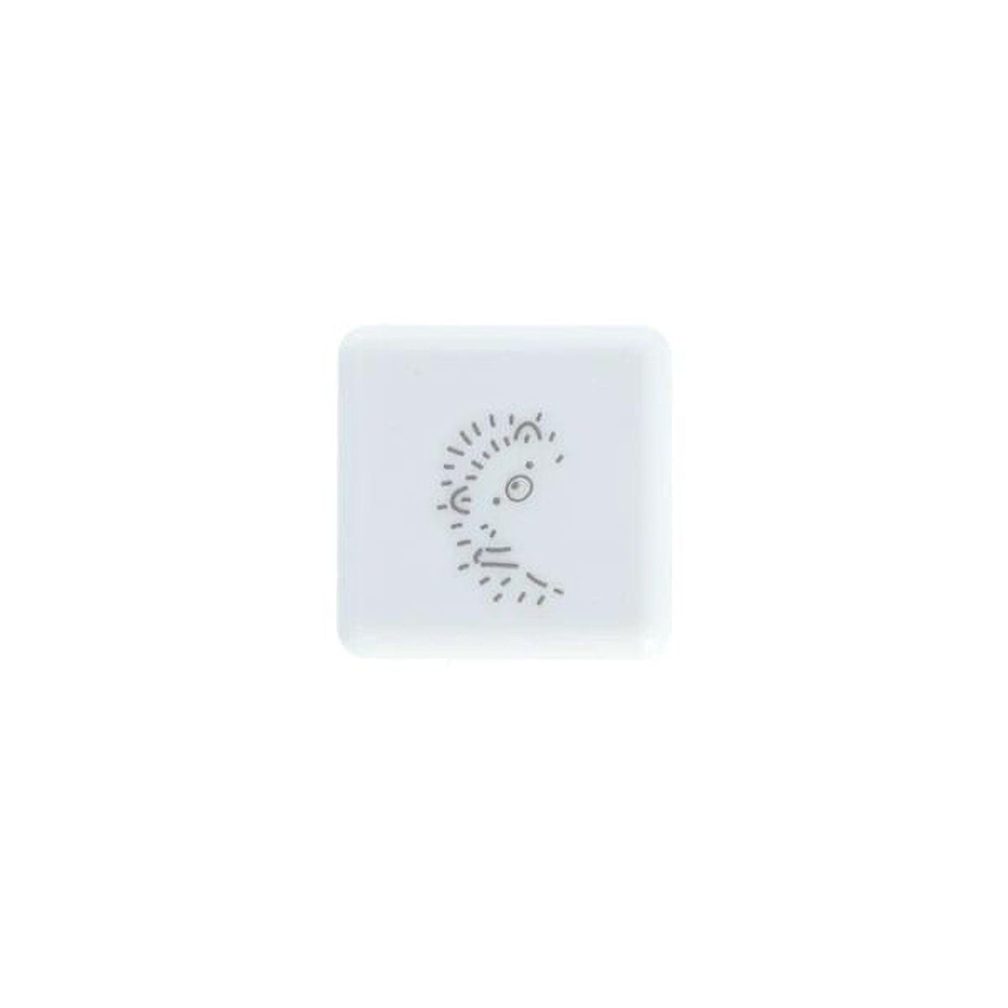 A square white button with a simple black line drawing of a face on it.