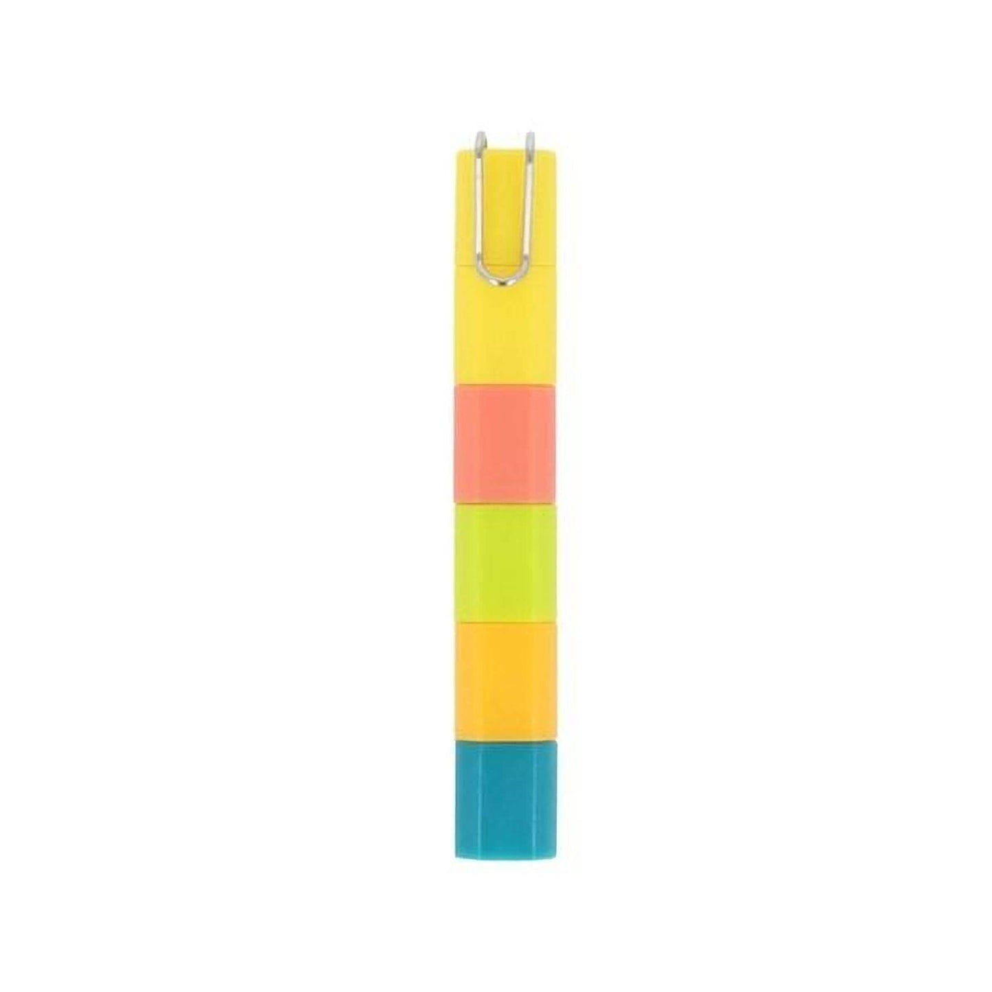 A colorful, vertical object with a hook at the top, featuring a combination of yellow, orange, green, and blue colors.