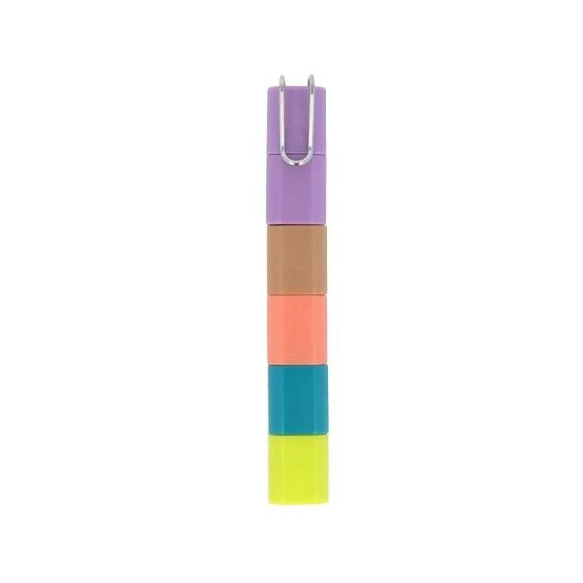 A multi-colored pencil with a purple cap, featuring a silver clip at the top.