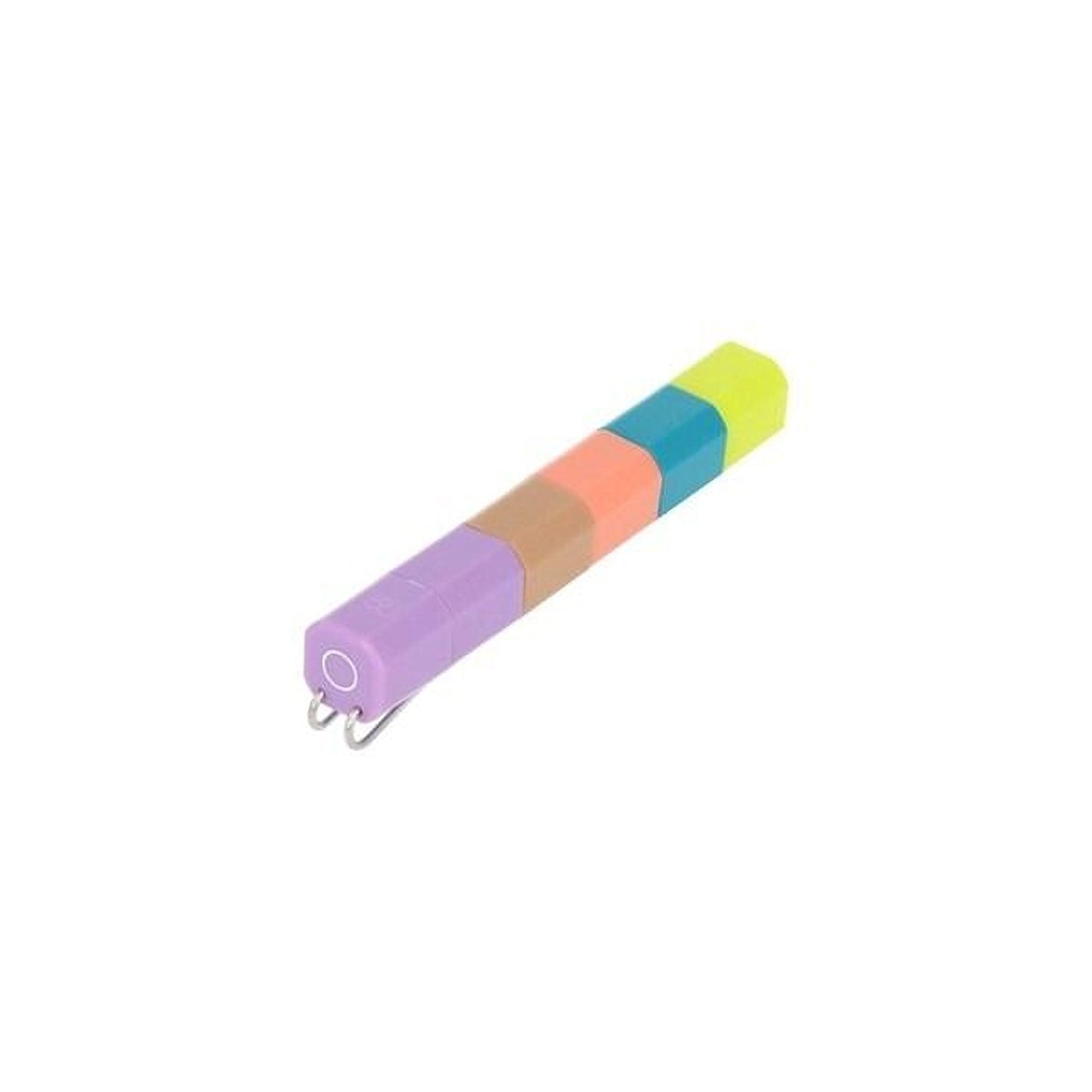 A multi-colored pencil with a purple cap, featuring a vibrant and playful design.