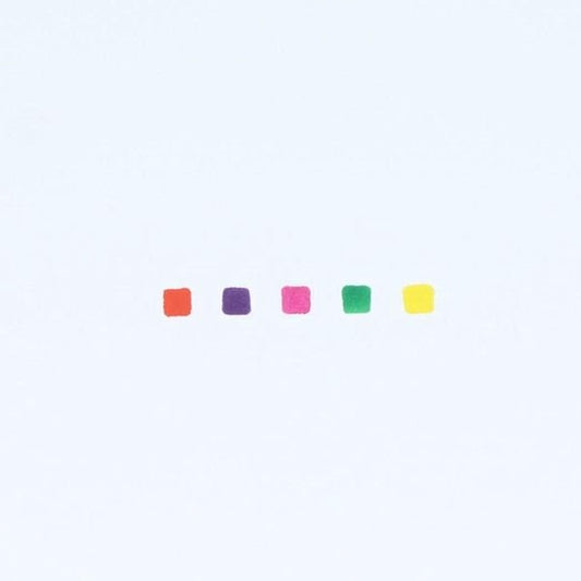 five square shapes in different colors: red, orange, purple, pink, and green.