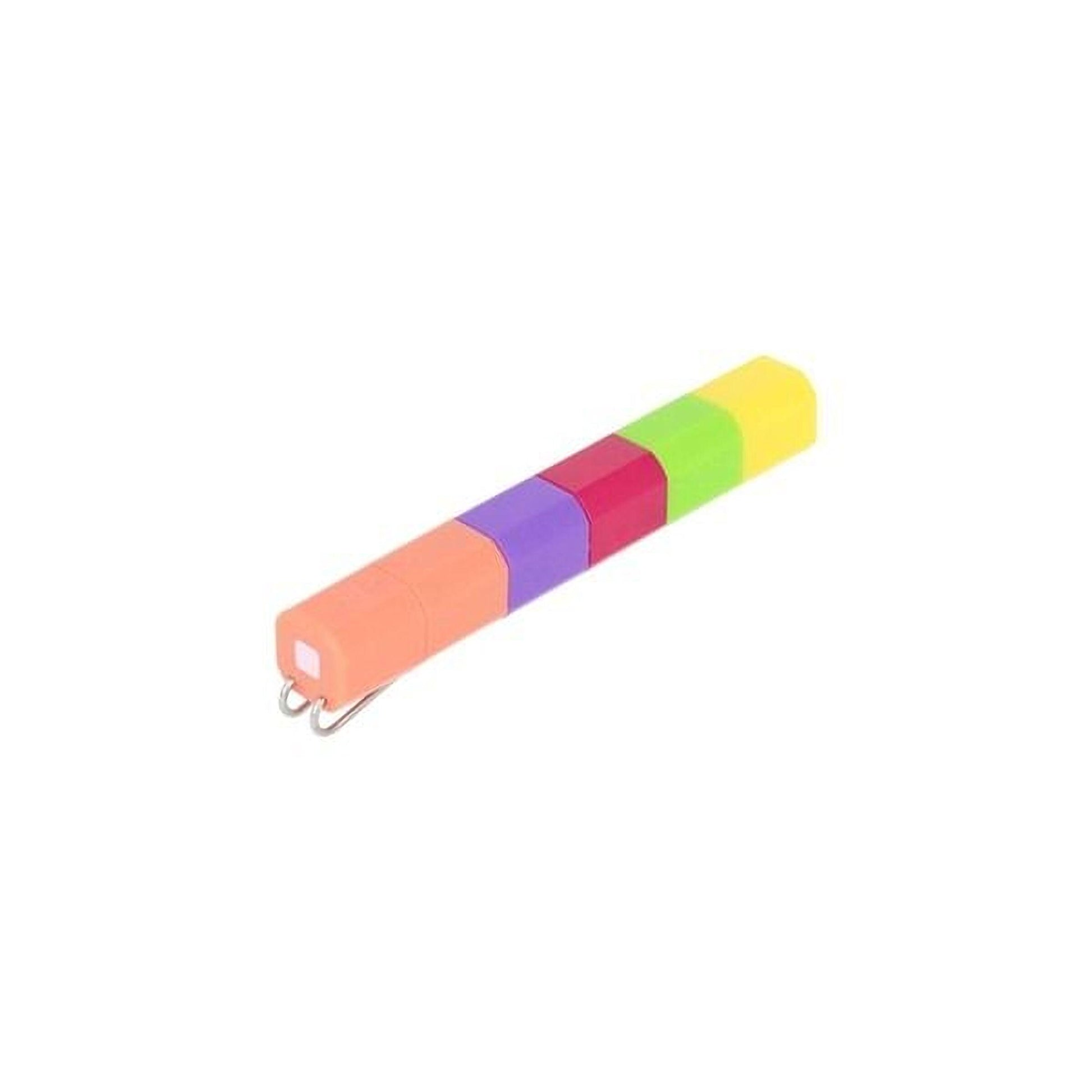 A colorful pen with a metallic clip, featuring a row of six different colored sections.