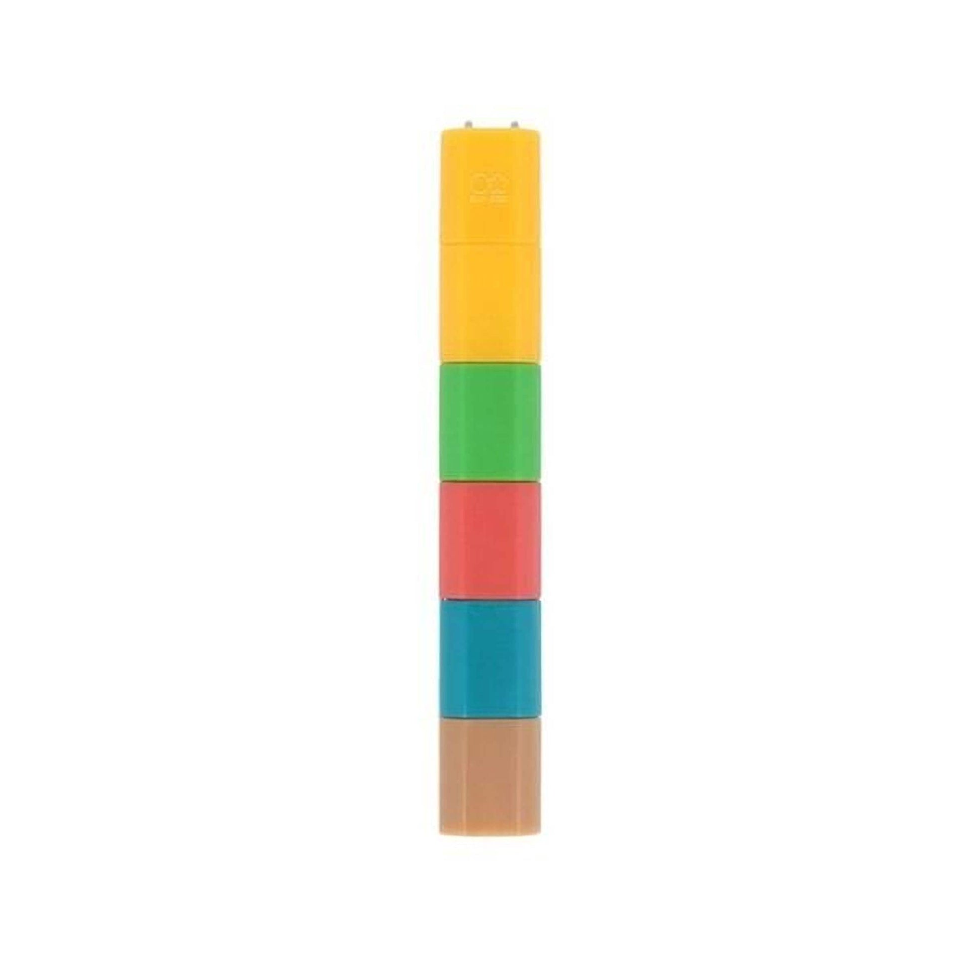 A colorful, multi-colored object with a yellow top and a series of colored blocks below it.