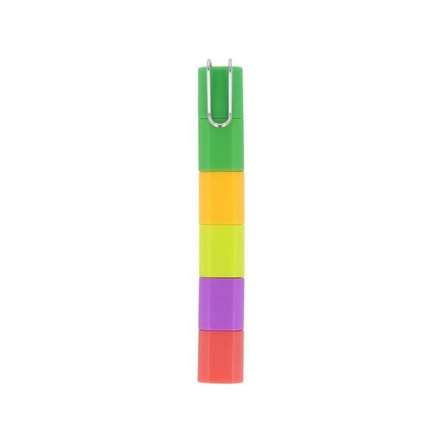 A colorful, multi-colored plastic object with a curved design, resembling a small, flexible container or accessory.
