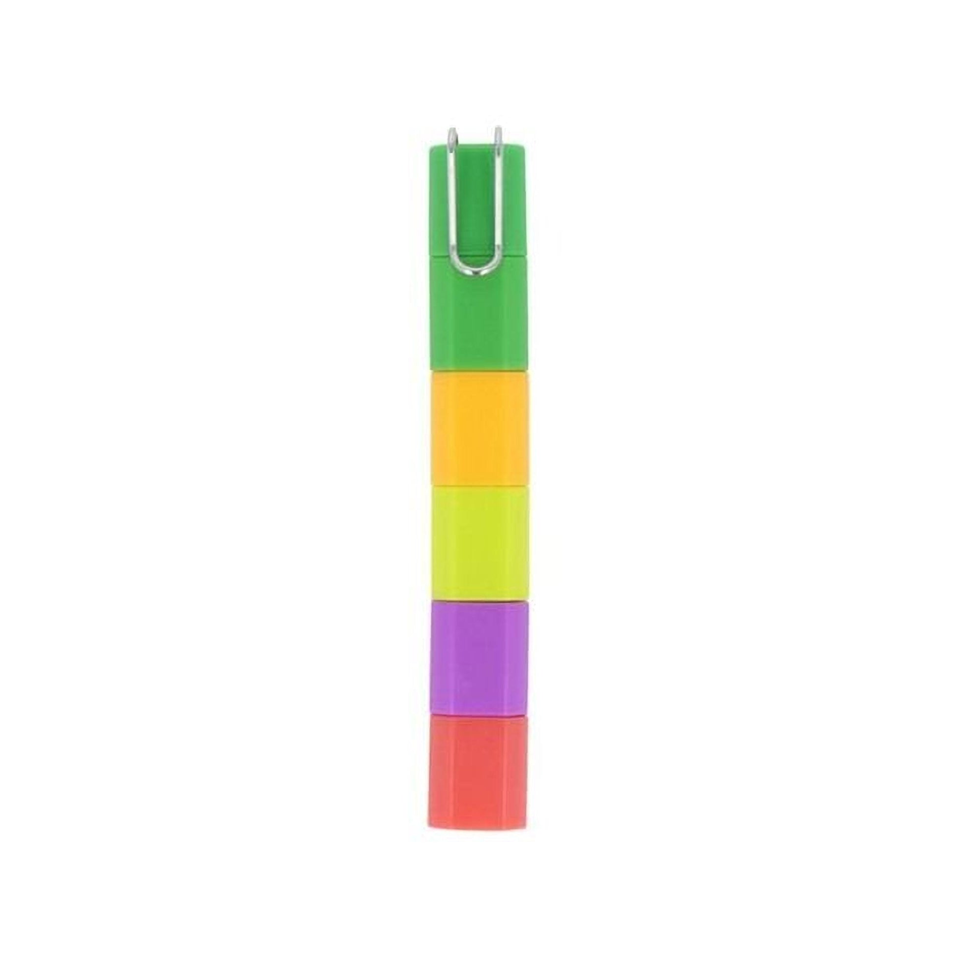 A colorful, multi-colored plastic object with a curved design, resembling a small, flexible container or accessory.