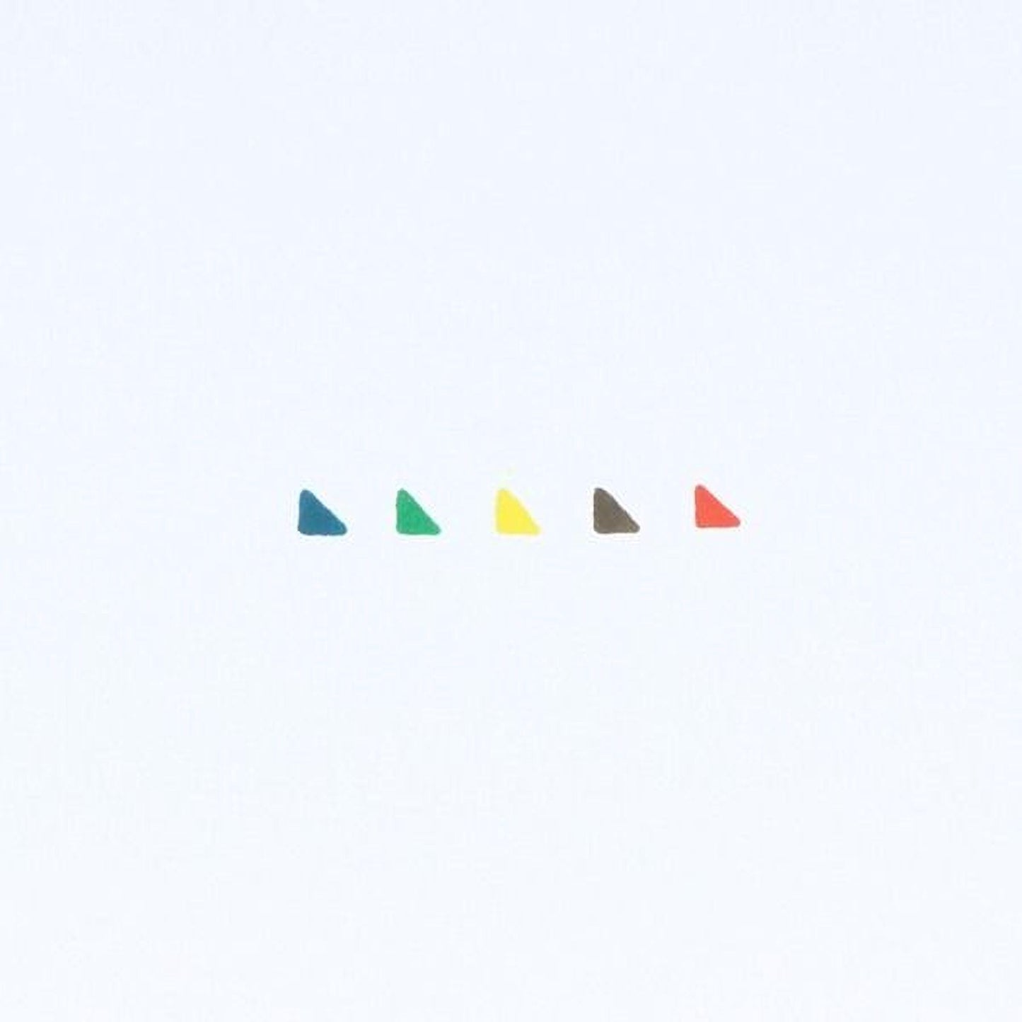 five small, colorful triangles arranged in a straight line against a white background.