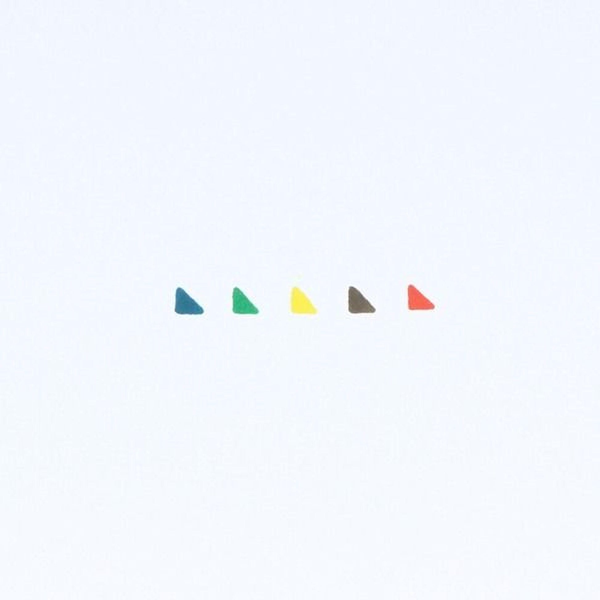 five small, colorful triangles arranged in a straight line against a white background.