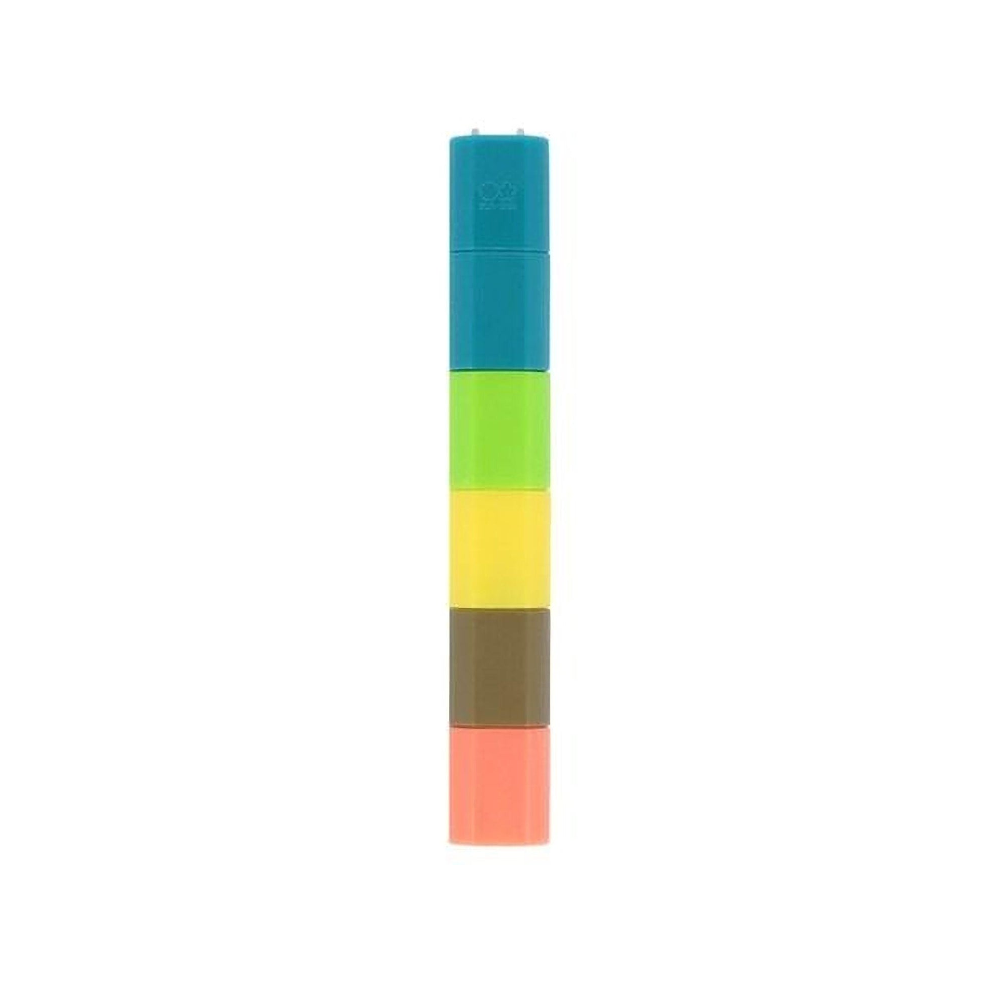 A colorful, multi-colored object resembling a battery or a small container with a blue top.