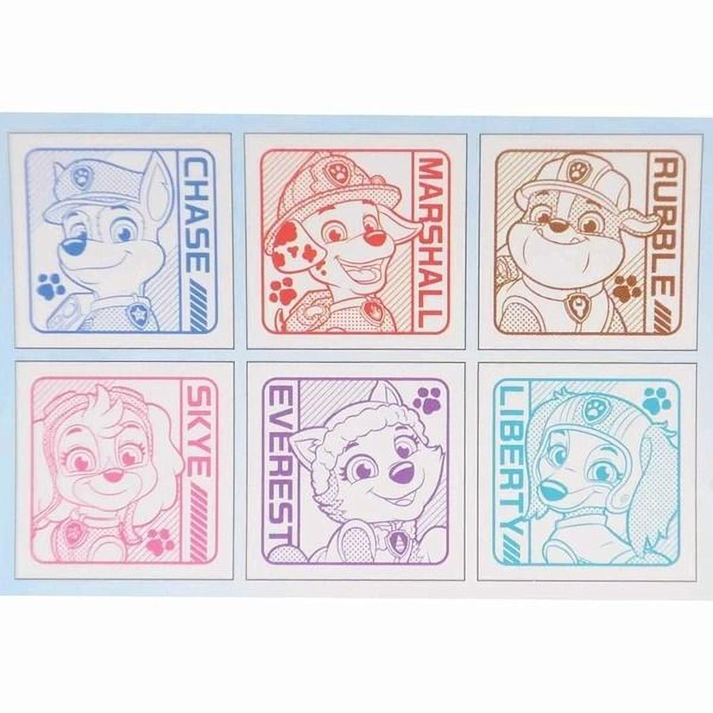 six square stickers featuring cartoon-style illustrations of the main characters from the children's television series "Paw Patrol".