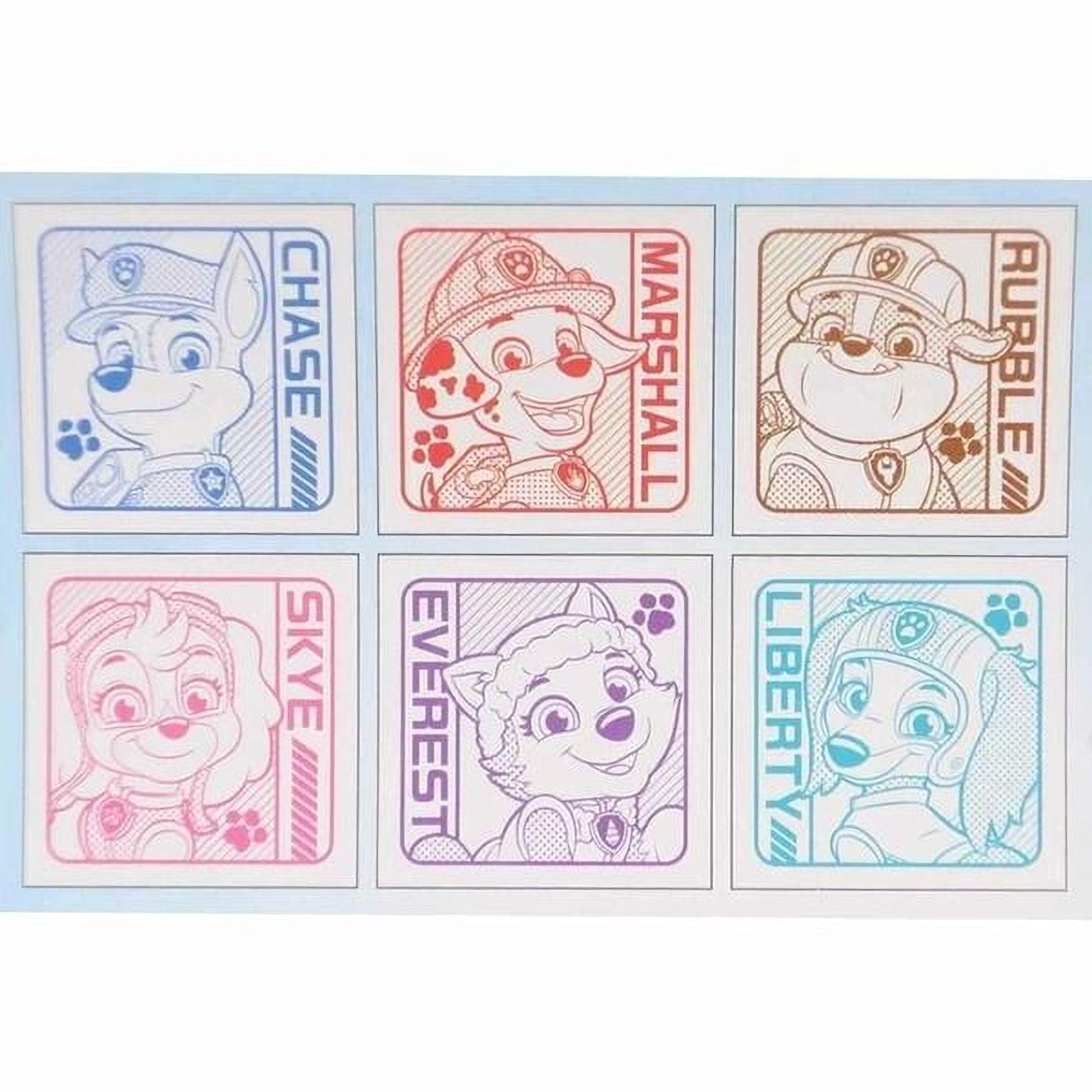 six square stickers featuring cartoon-style illustrations of the main characters from the children's television series "Paw Patrol".