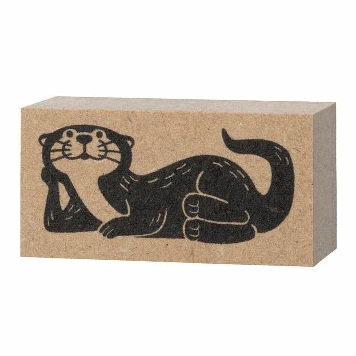 A black and white illustration of an otter on a block of wood.