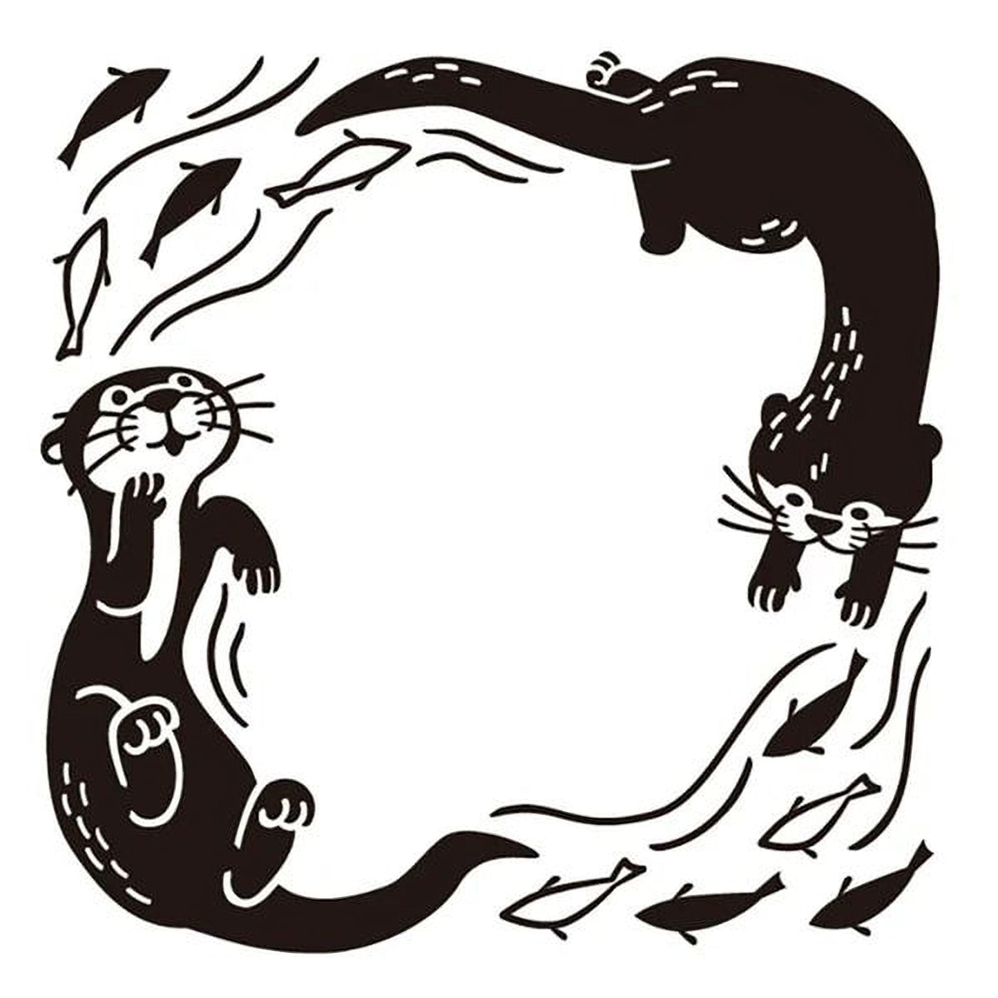 two otters swimming in a frame-like shape, surrounded by fish.