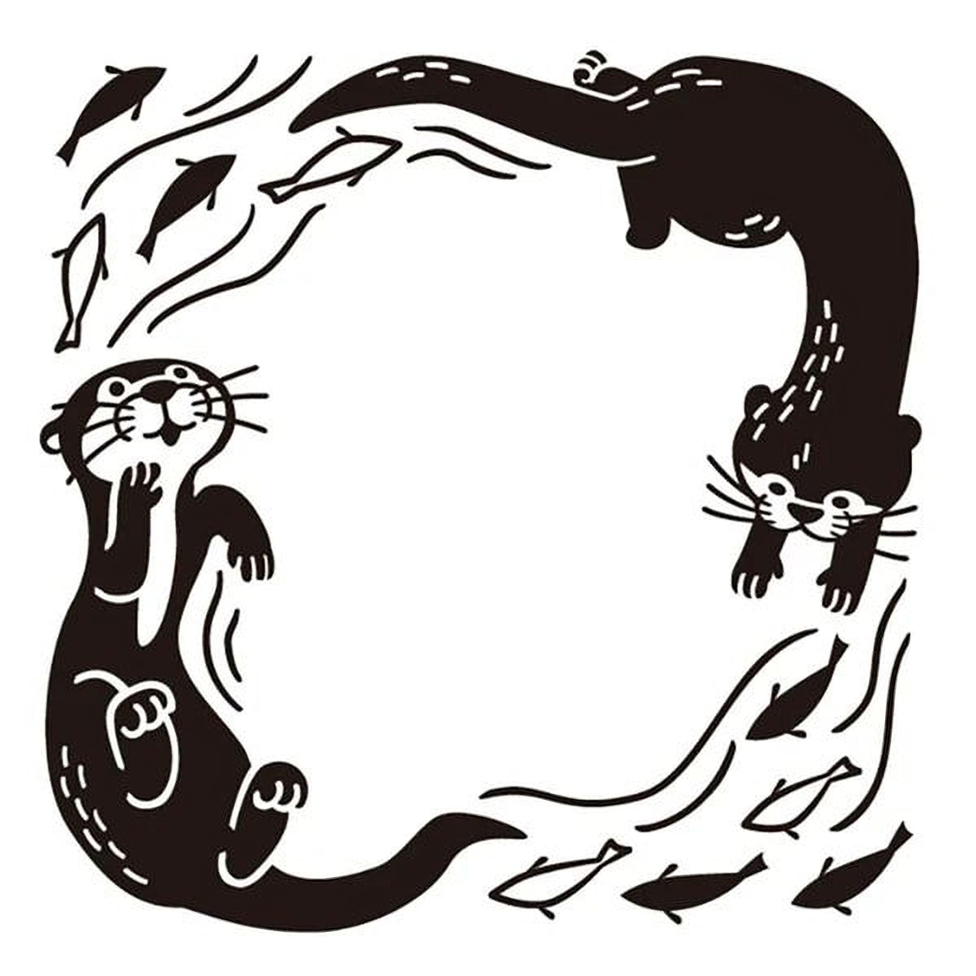 two otters swimming in a frame-like shape, surrounded by fish.