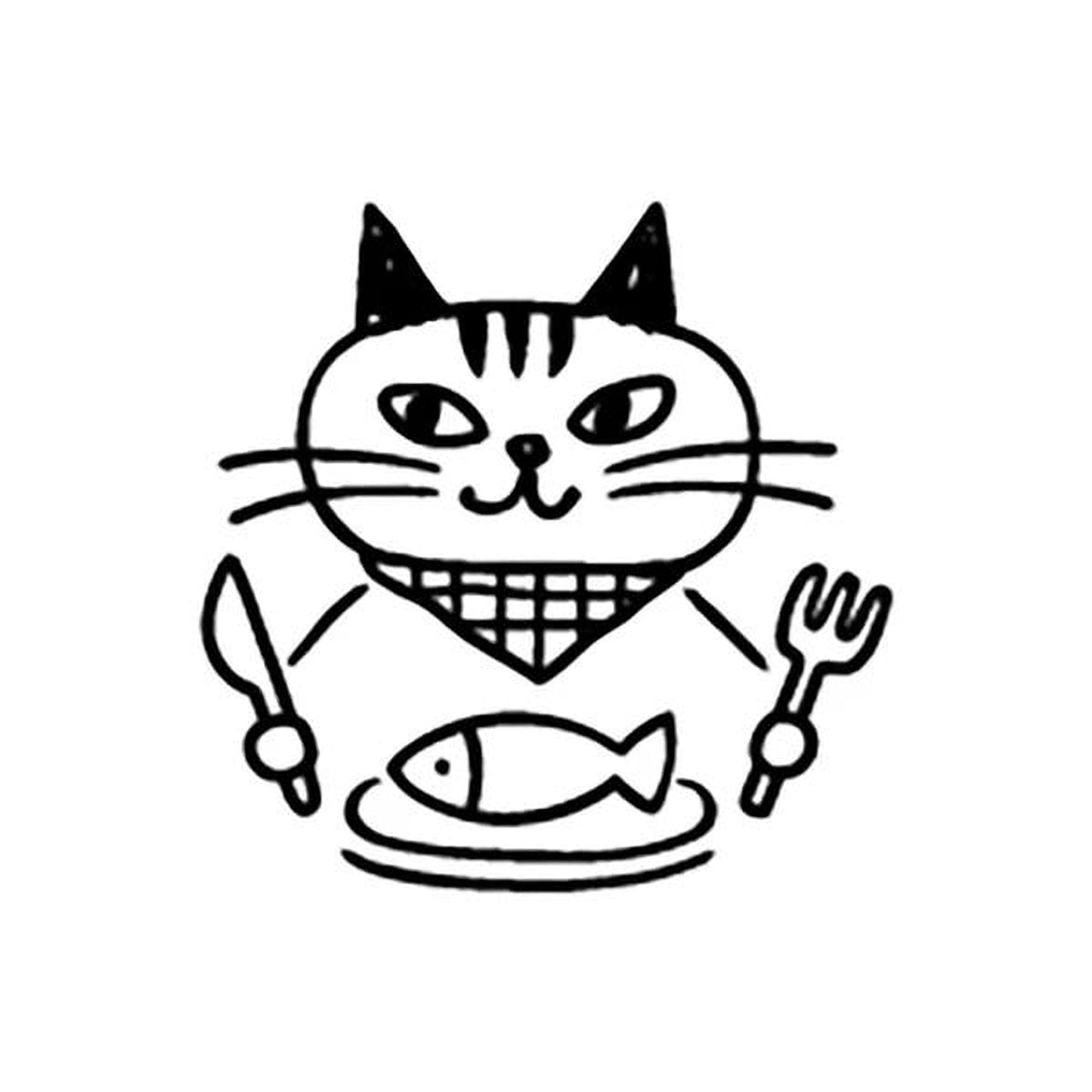 A cartoon cat holding a fish and a fork, with a simple black and white design.