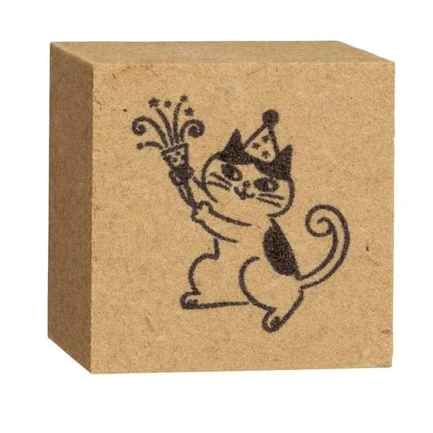 A square-shaped object with a black and white illustration of a cat wearing a party hat and holding a party horn.