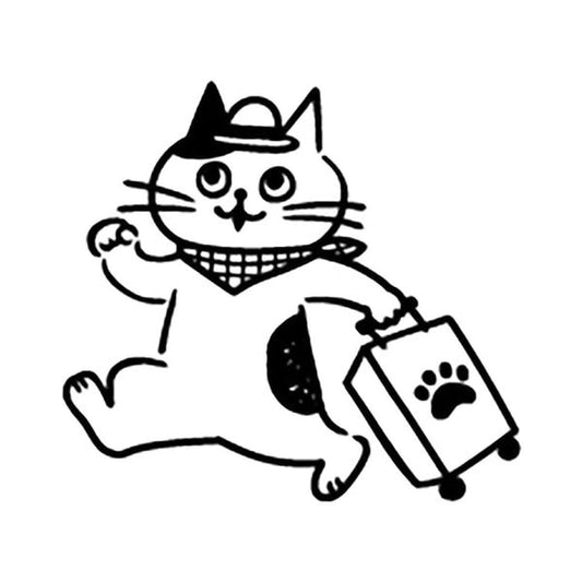 A cartoon cat wearing a hat and carrying a suitcase with a paw print on it, appearing to be in motion.