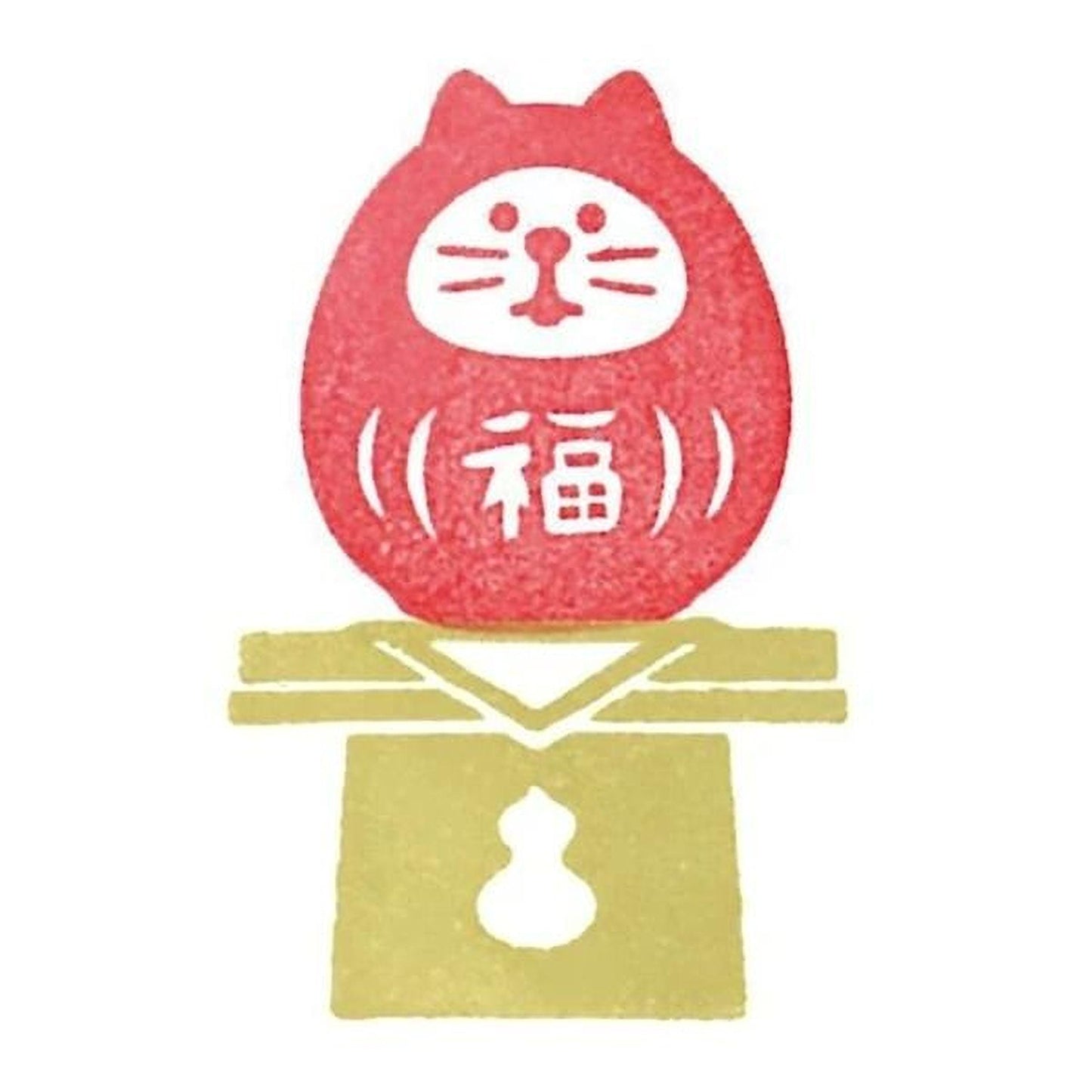 A red and white cat-shaped object with a gold-colored box below it, both of which are stylized and simple in design.