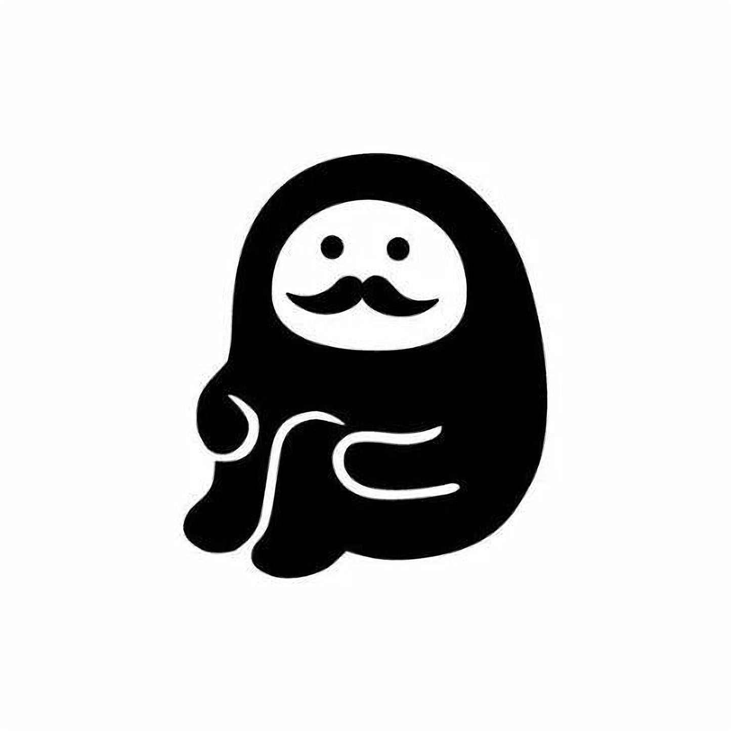 A simple black and white illustration of a smiling, cartoon-like character with a mustache.