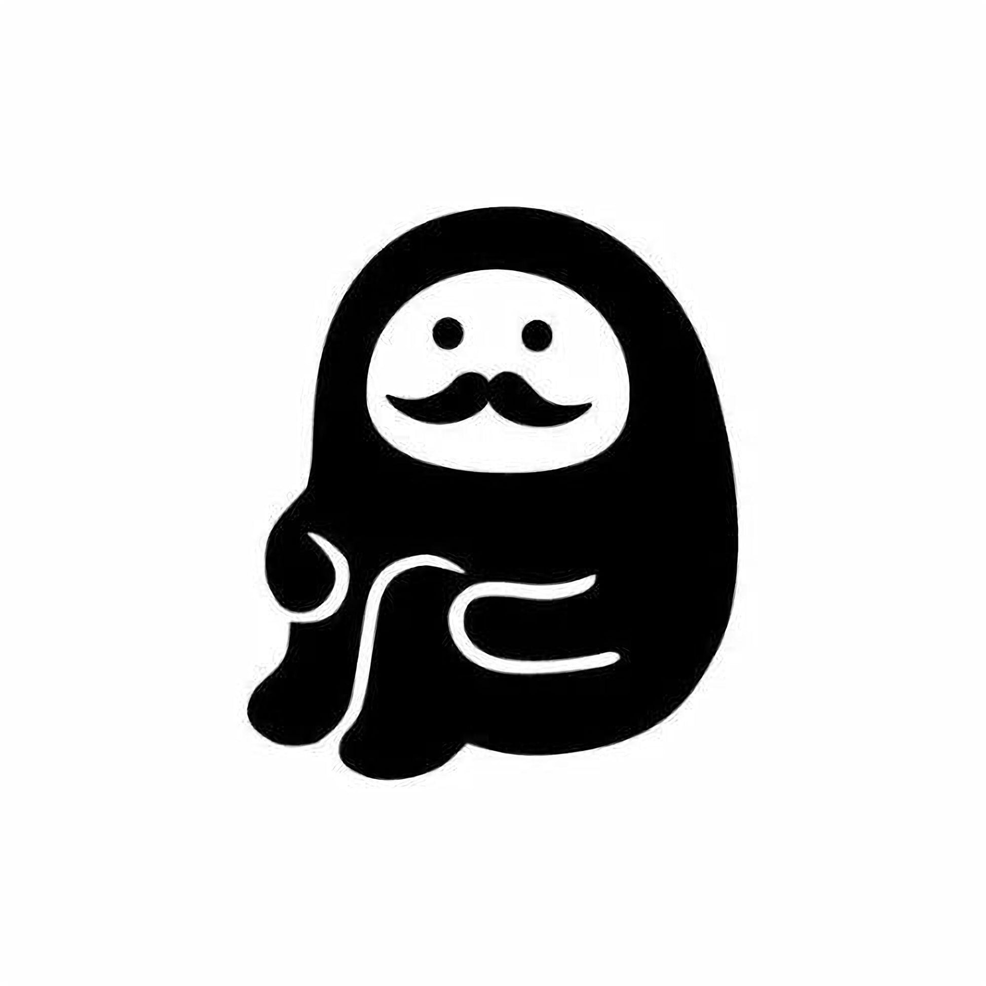 A simple black and white illustration of a smiling, cartoon-like character with a mustache.