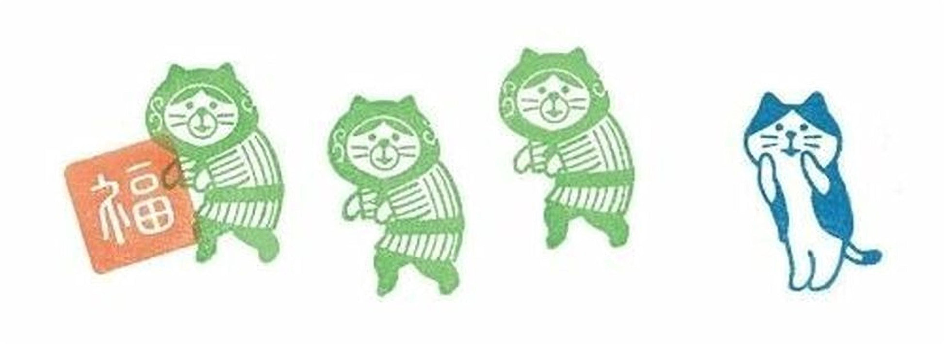 a series of cartoon-style cat illustrations, each wearing a striped outfit and holding a red square with Japanese characters on it.