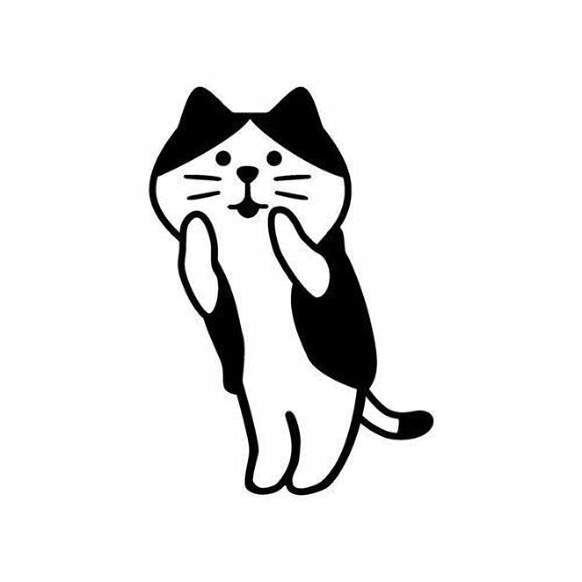 A black and white illustration of a cat with a surprised expression.