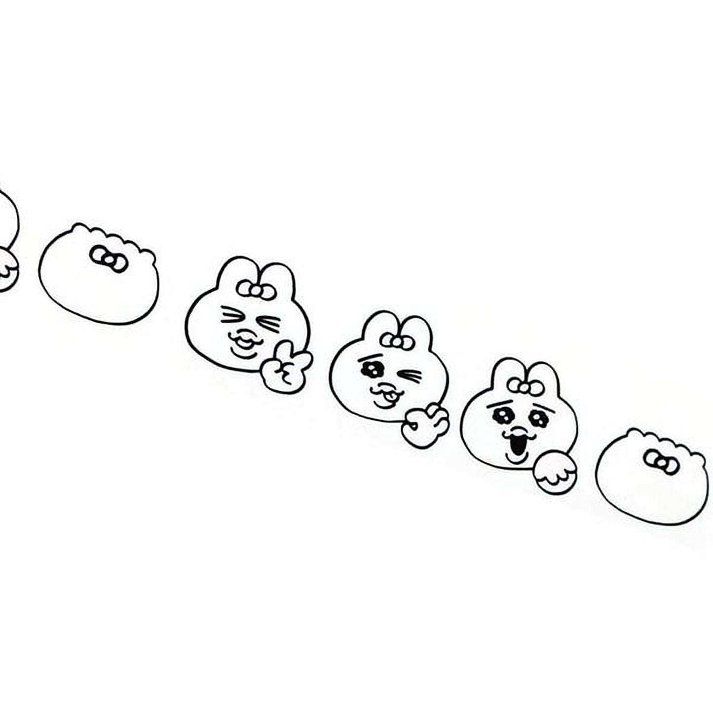 A series of cartoon-style animal faces with bows, arranged in a row.