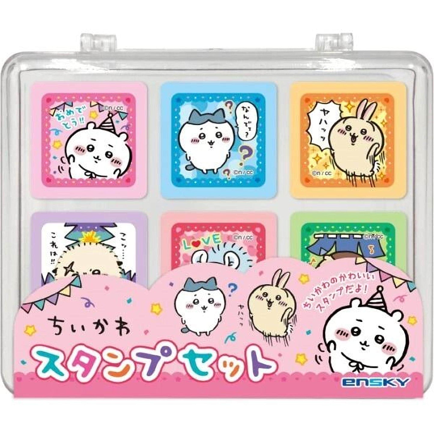 a collection of six colorful stickers featuring cartoon rabbit characters. The stickers are arranged in a clear plastic case, which is pink and has a pink border. The stickers are arranged in two rows of three, with each row containing three stickers. The stickers depict various expressions and poses of the rabbits, creating a lively and playful scene.