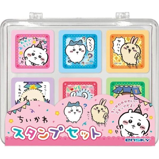 a collection of six colorful stickers featuring cartoon rabbit characters. The stickers are arranged in a clear plastic case, which is pink and has a pink border. The stickers are arranged in two rows of three, with each row containing three stickers. The stickers depict various expressions and poses of the rabbits, creating a lively and playful scene.