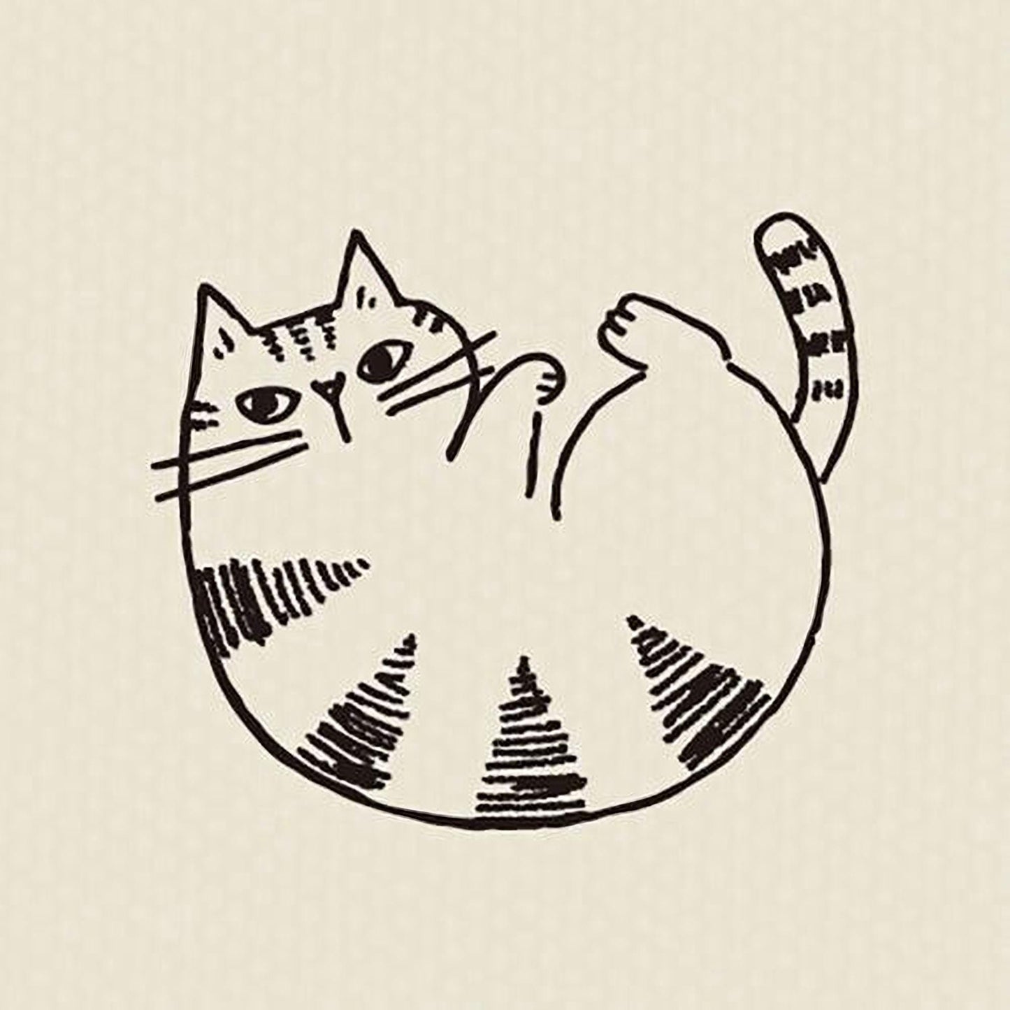 A simple black and white line drawing of a cat lying on its back.