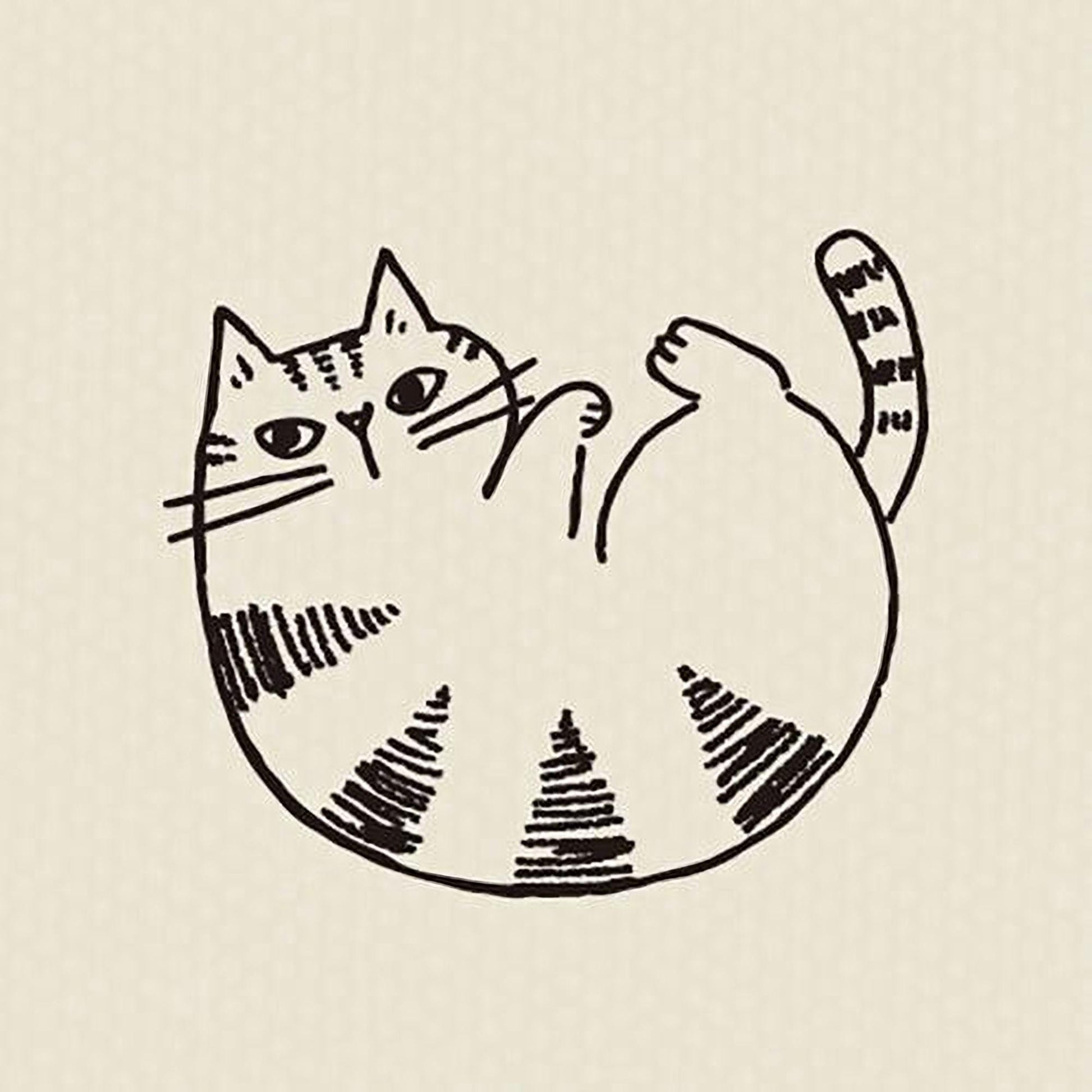 A simple black and white line drawing of a cat lying on its back.