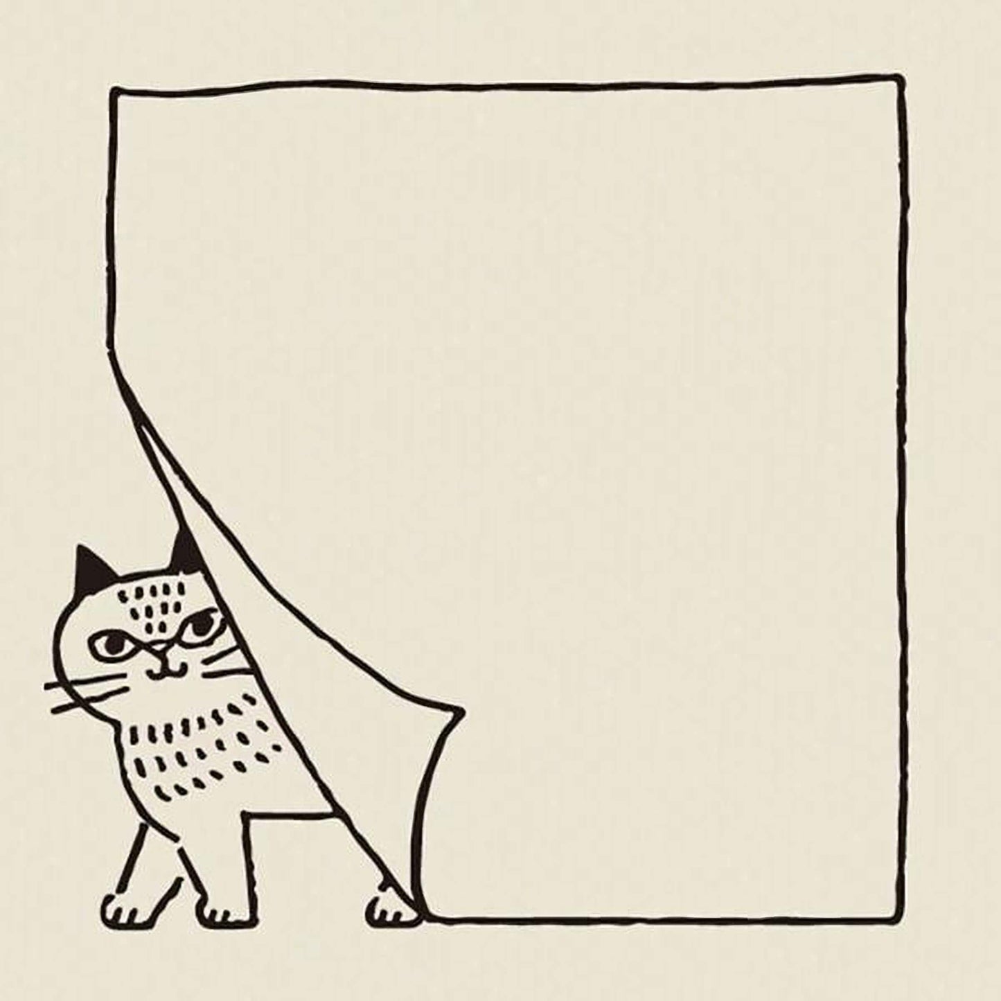 A simple black and white illustration of a cat peeking out from behind a blank square frame.