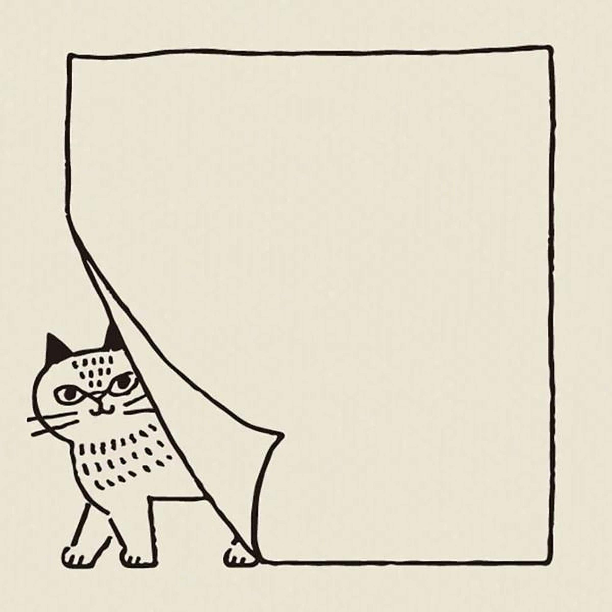 A simple black and white illustration of a cat peeking out from behind a blank square frame.