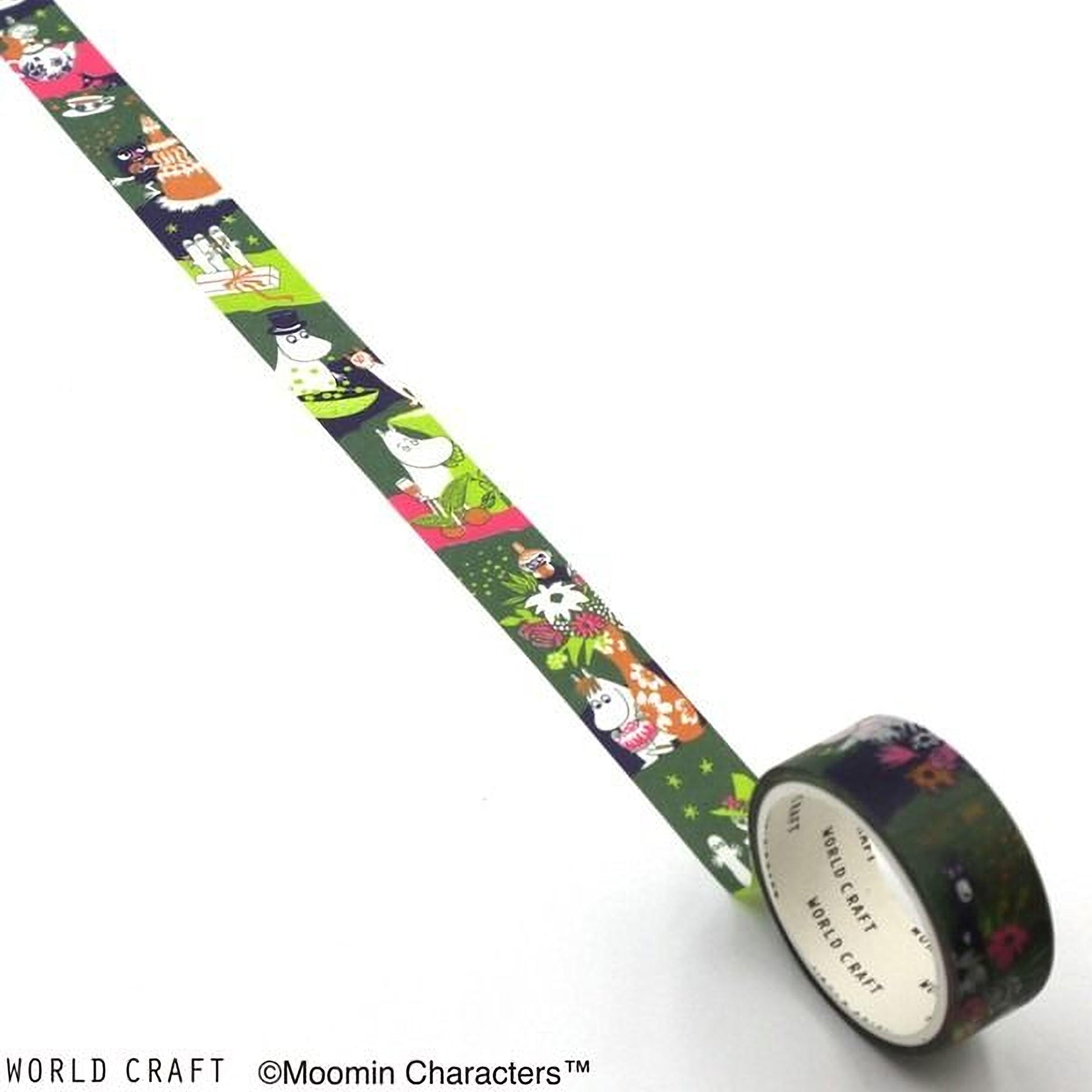 A roll of colorful, patterned tape with various animal and nature-themed designs on it.
