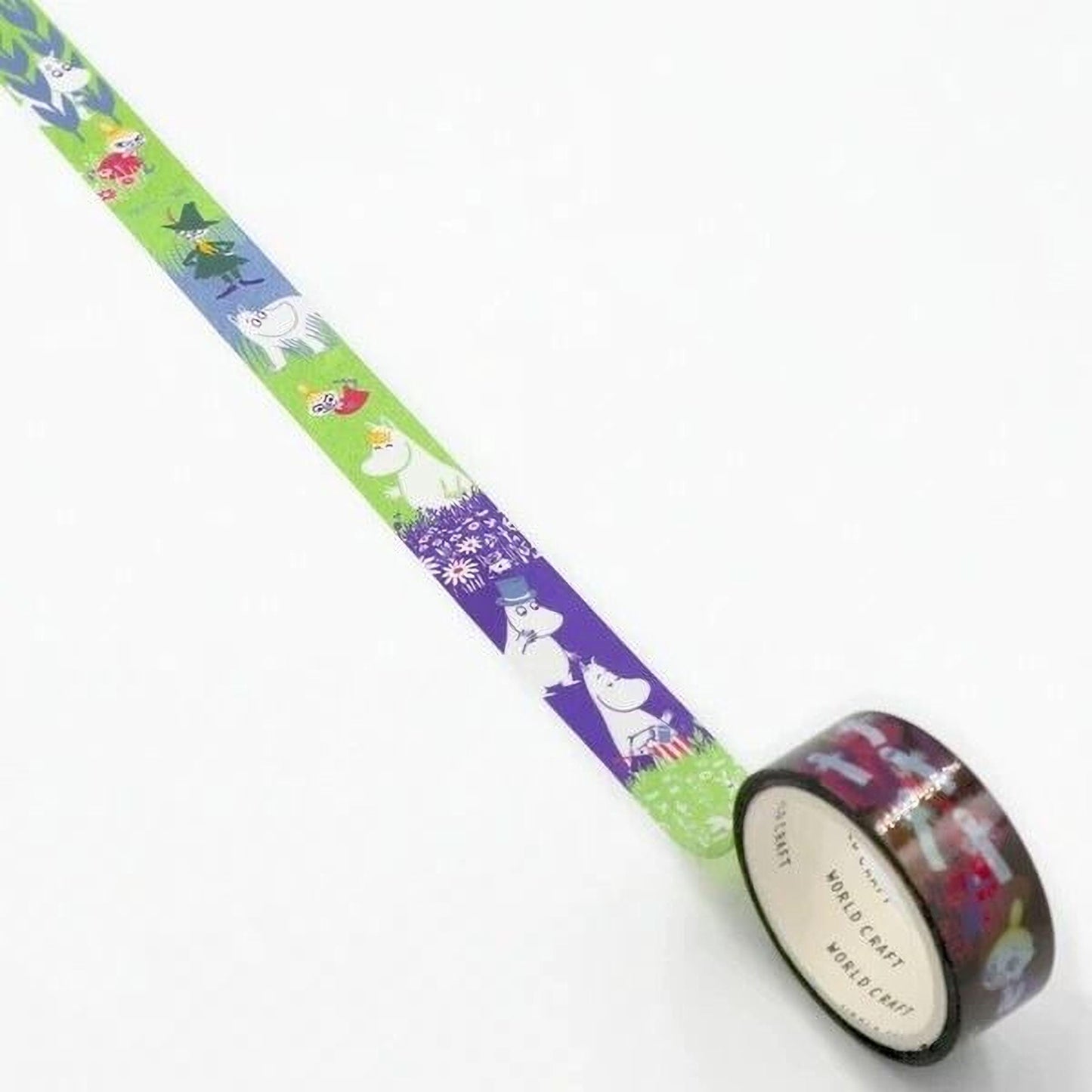 A roll of colorful tape with various cartoon animal characters printed on it, including a character wearing a top hat.