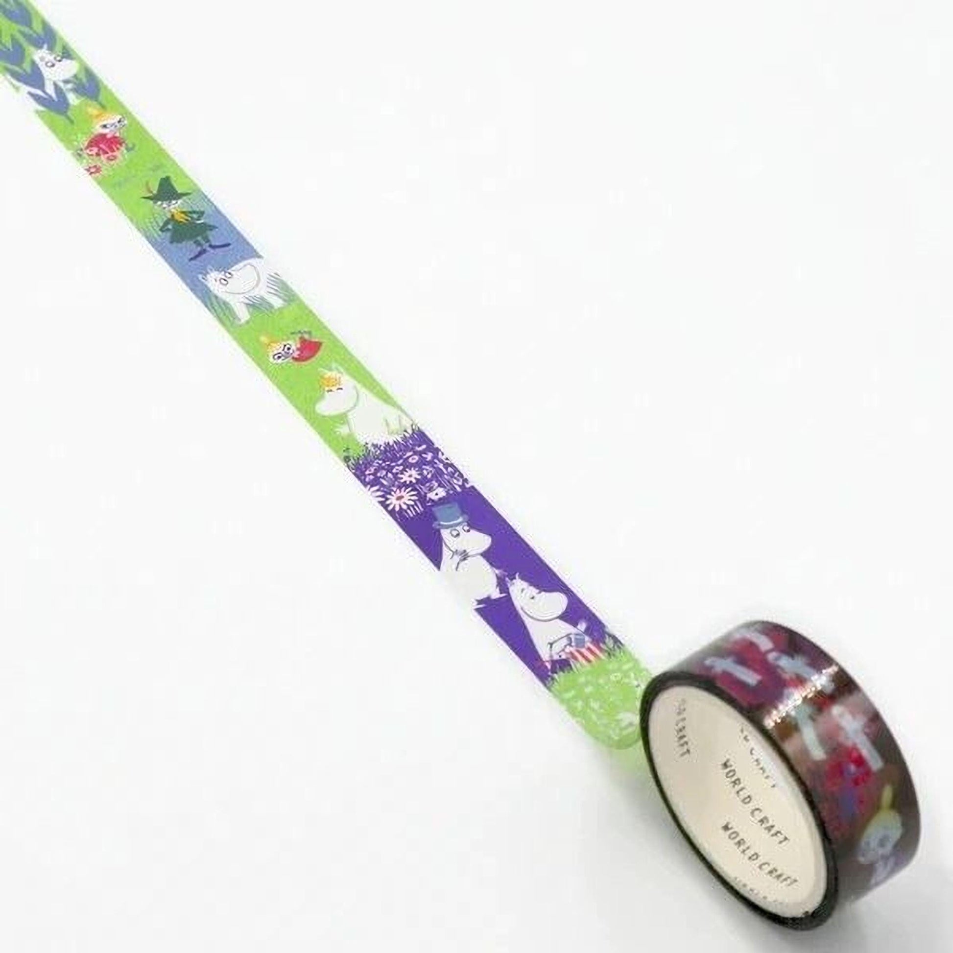 A roll of colorful tape with various cartoon animal characters printed on it, including a character wearing a top hat.