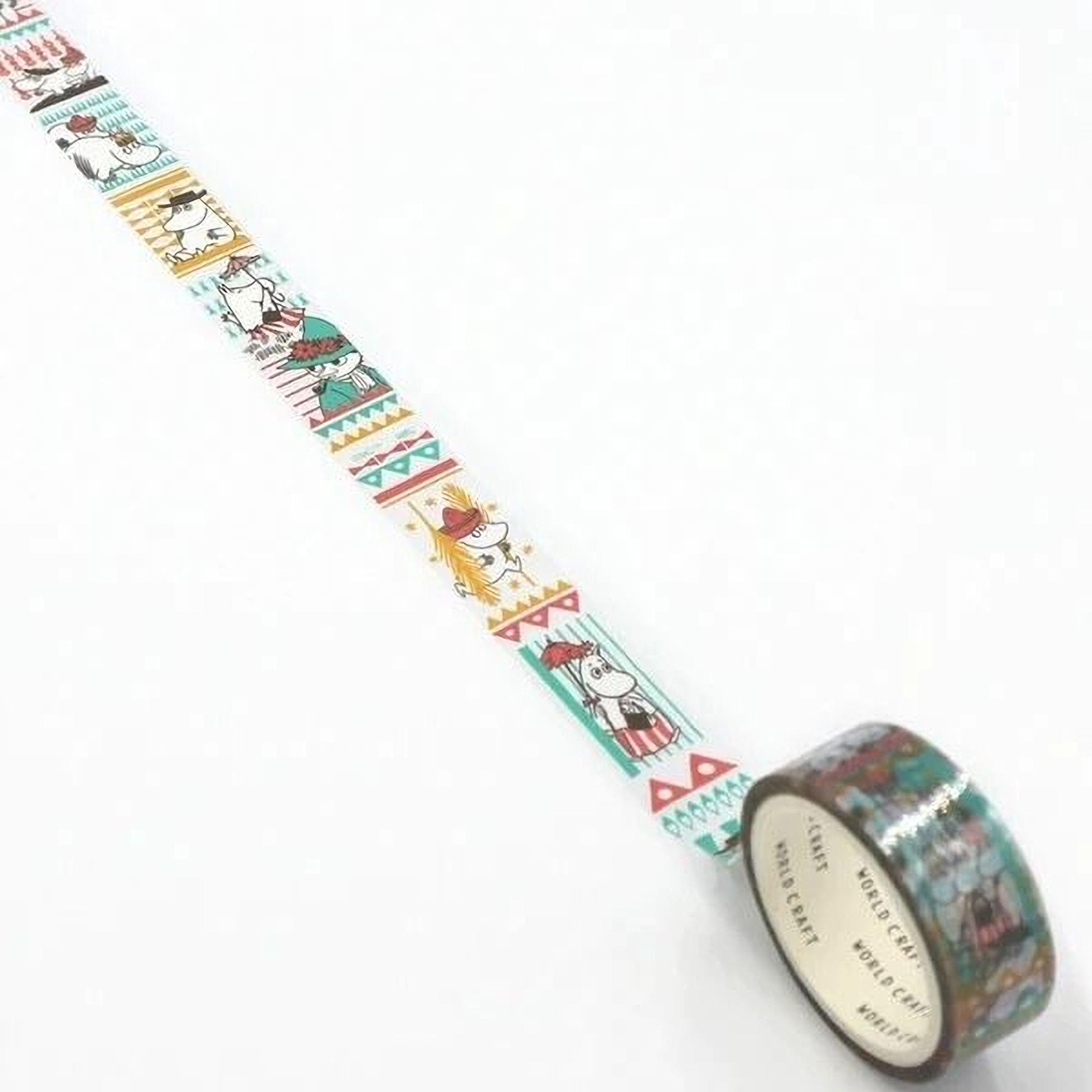 A roll of colorful patterned tape with a repeating design of cartoon characters and geometric shapes.